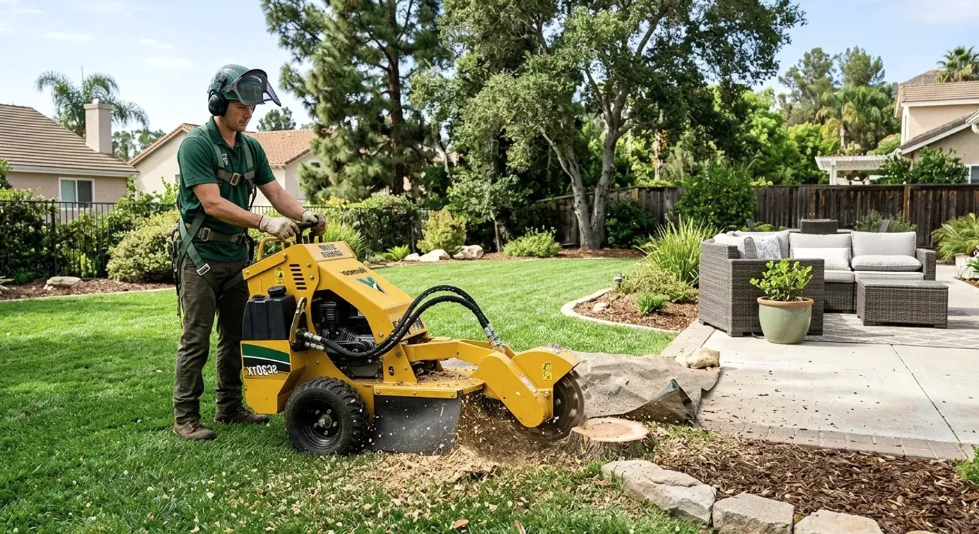 A heavy machine grinds a large tree stump down below the soil line in a residential yard.