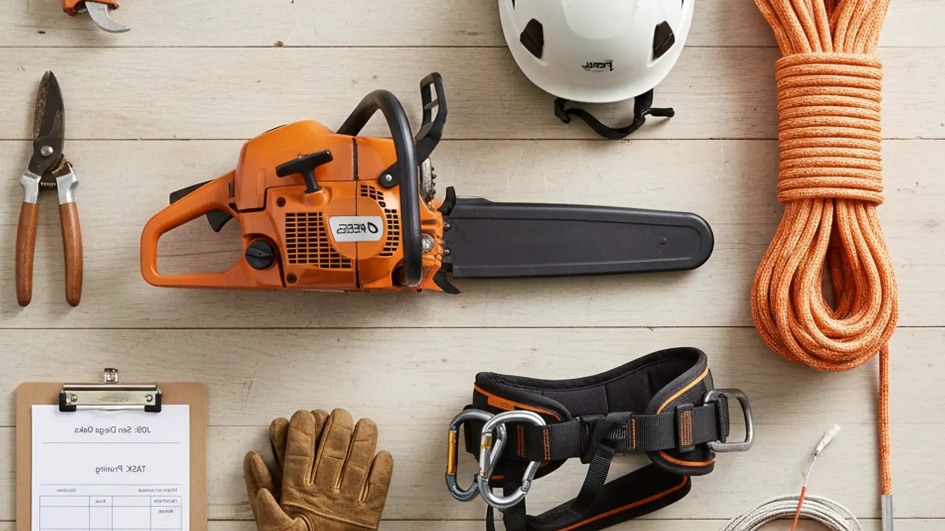 Artistic drawing showing a helmet, harness, rope, covered chainsaw, hand pruners, and paperwork