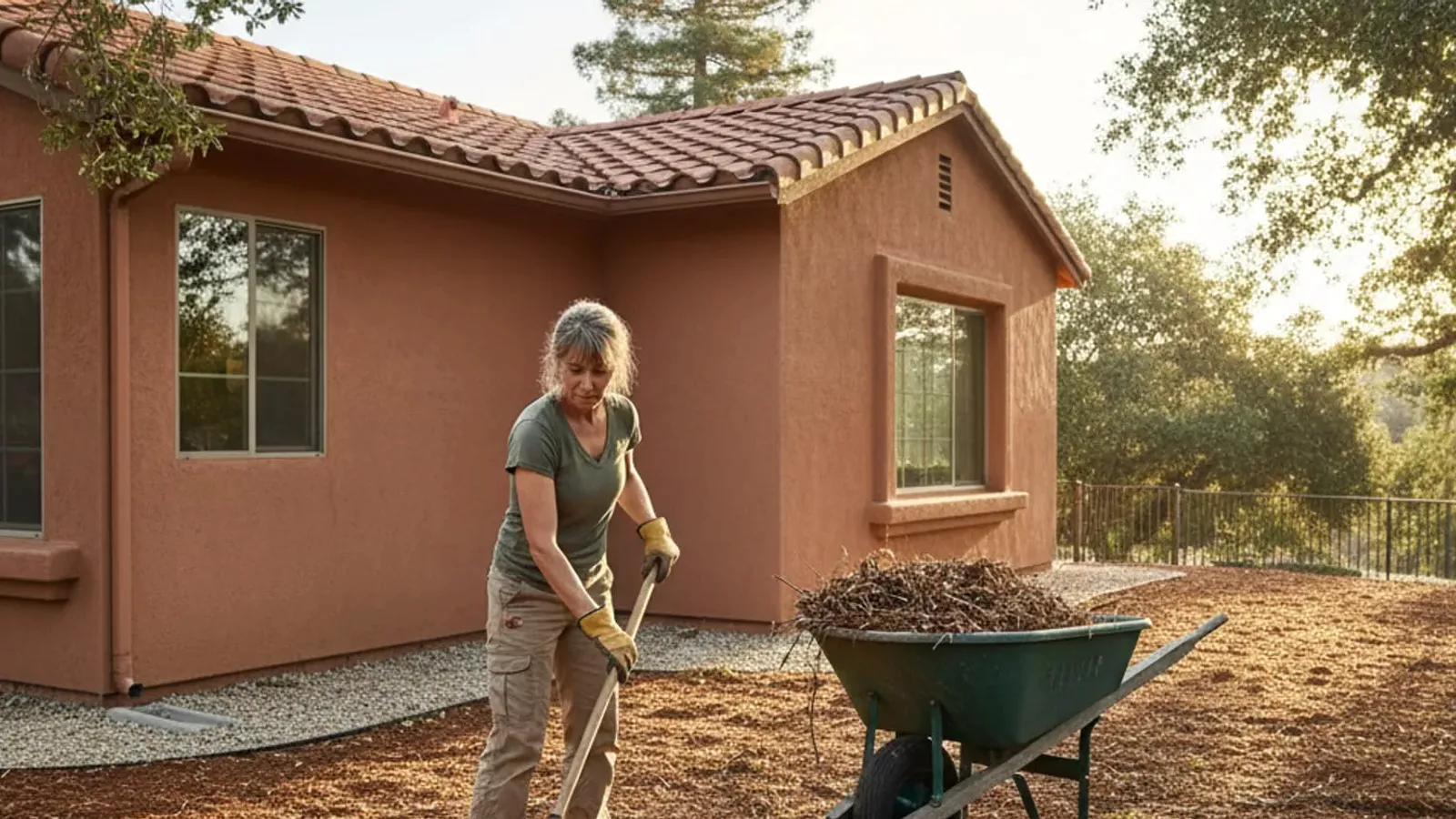 Someone using a rake next to stucco siding, a yard cart, and a stone edge