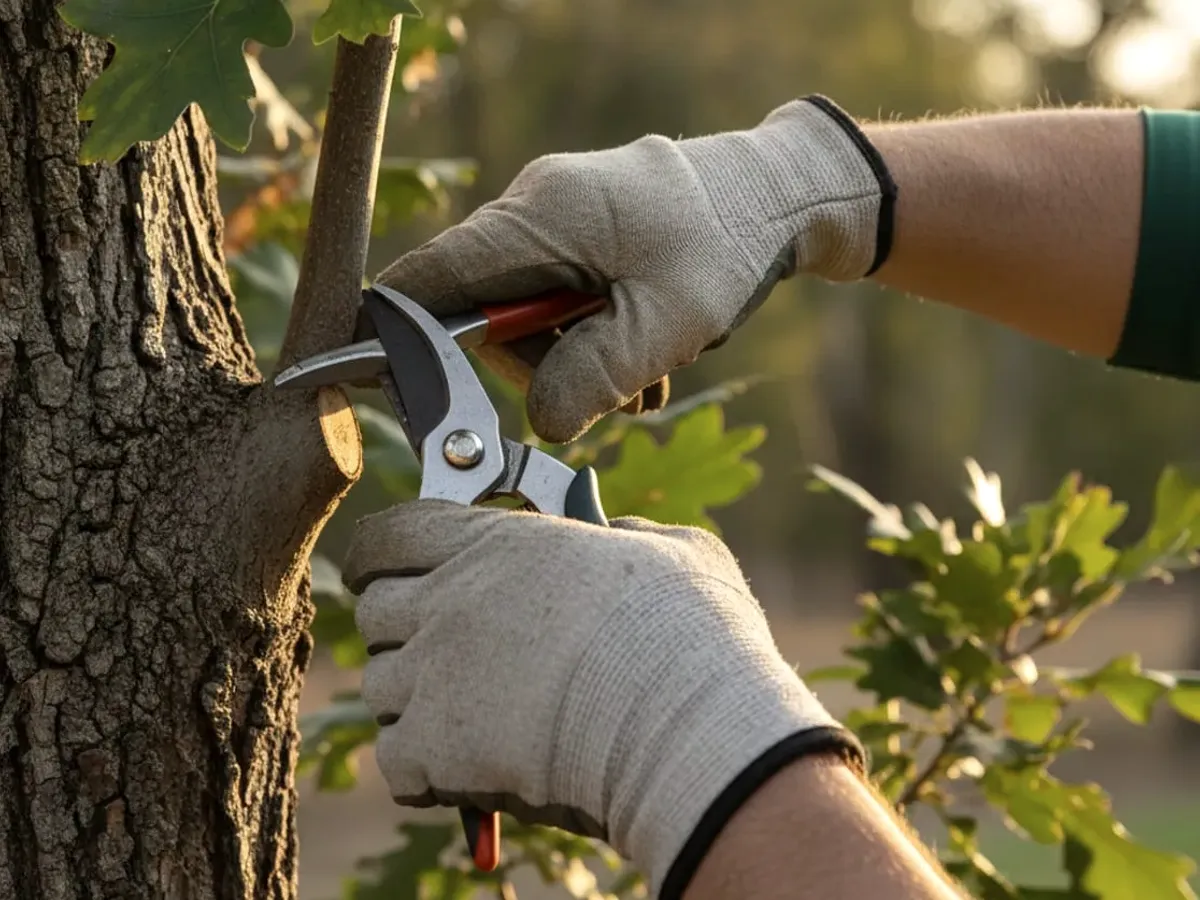 Illustration showing gloved hands with pruning shears beside a small branch and tree trunk.